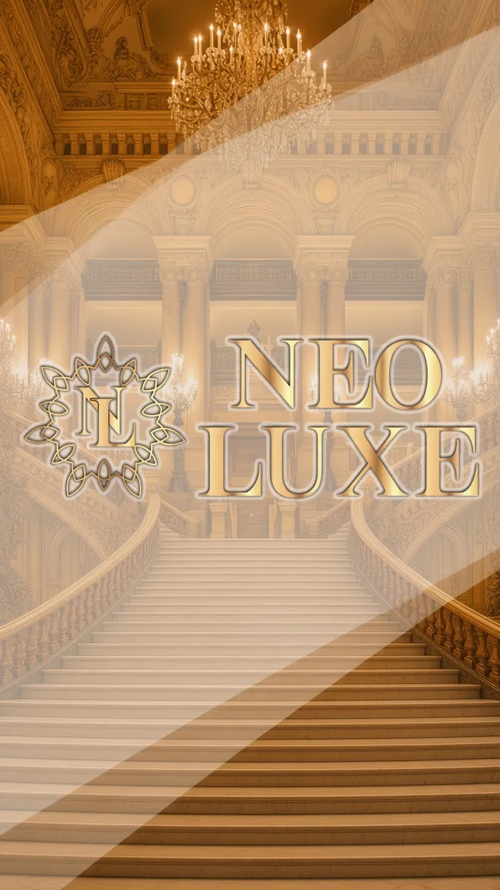 シャンデリアの灯る宮殿を背景にした、NEO LUXEのロゴ